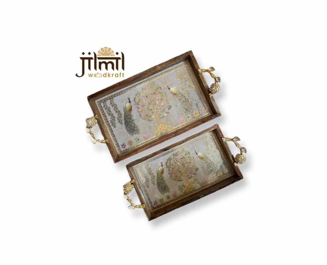 Mango Wood Tray Set With Stylish Handle {2 pcs} - View 1