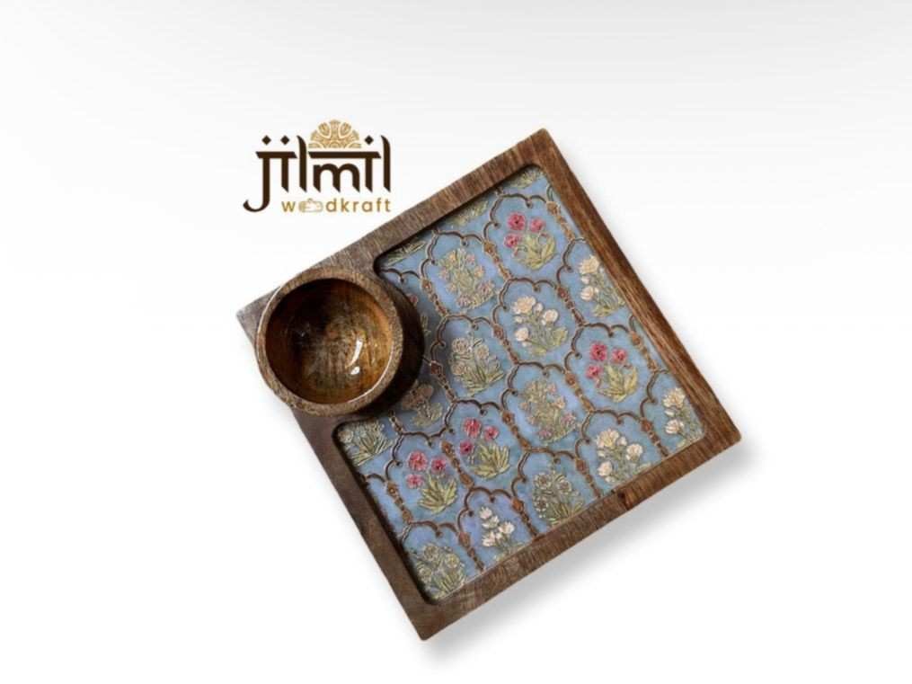 Mango Wood Square Platter with Bowl Side View