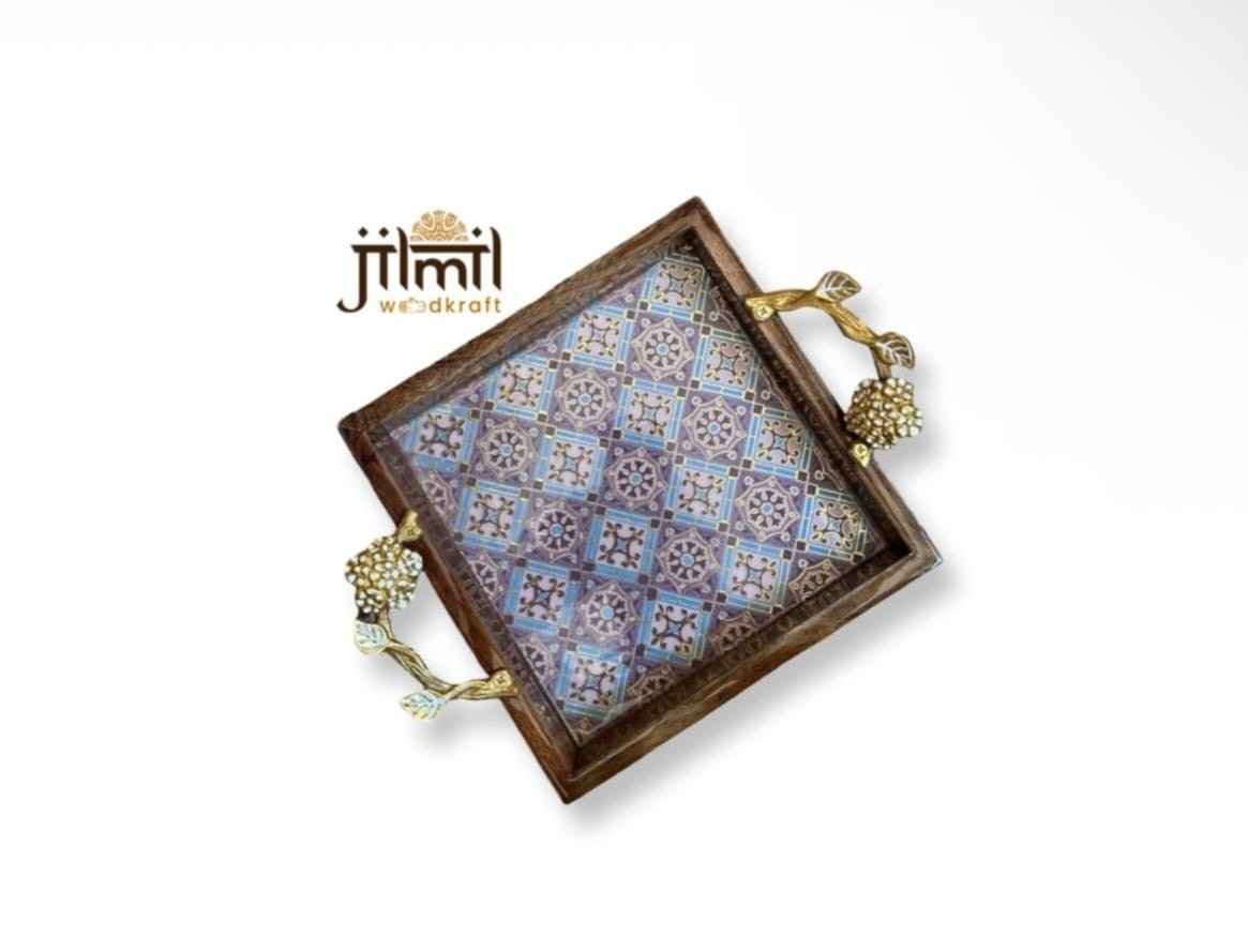 Mango Wood Tray Set With Stylish Handle {9x9} View 3