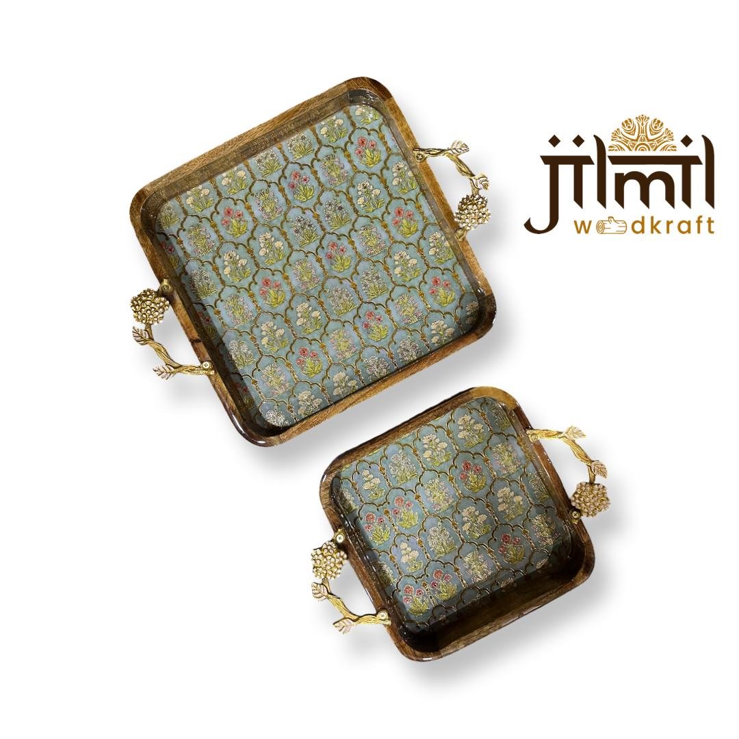 2 Pc Tray Set Bend Square with golden handle