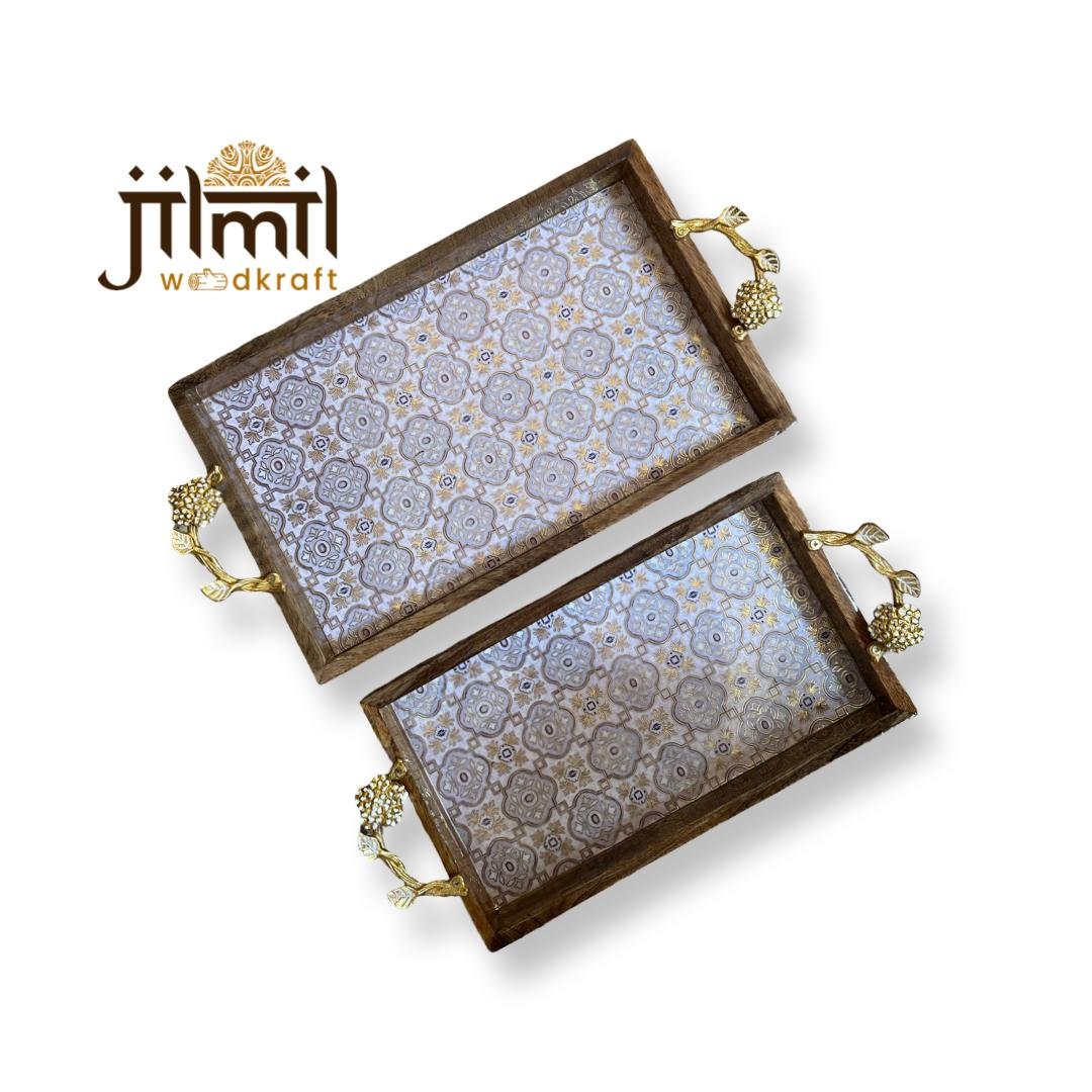 Mango Wood Tray Set With Stylish Handle Rectangle Set {2 pcs}