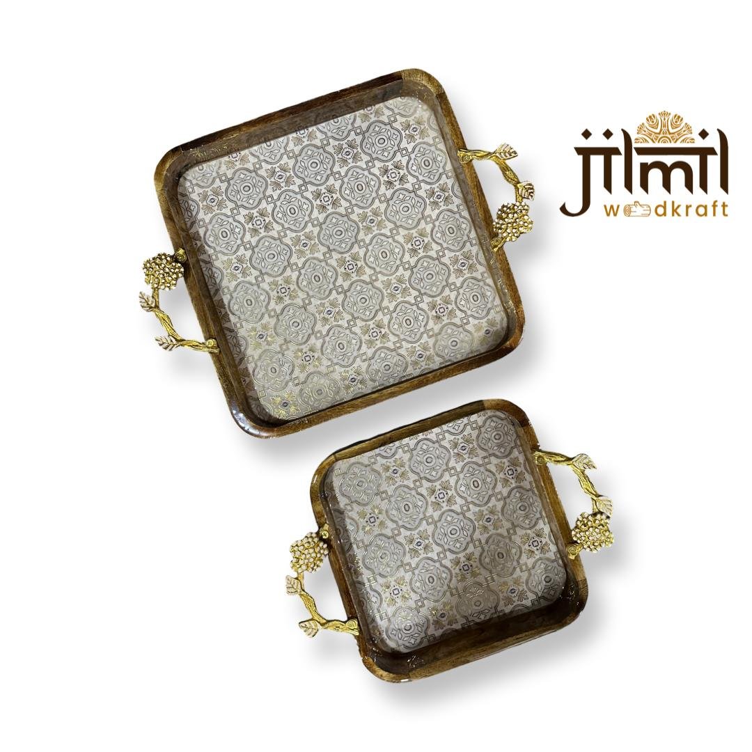 2 Pc Tray Set Bend Square with Golden Handle - Design 10