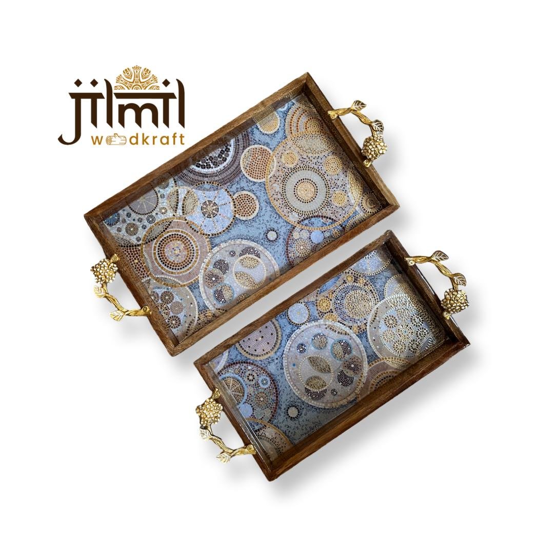 2 Pc Tray Set Bend Rectangle with Golden Handle - Design 10