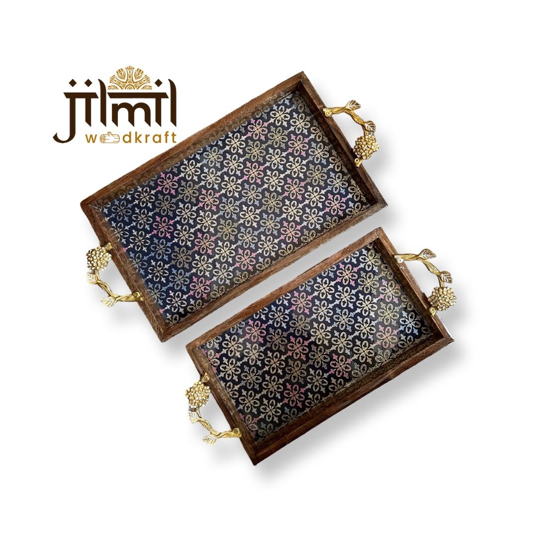 2 Pc Tray Set Bend Rectangle with Golden Handle - Design 12