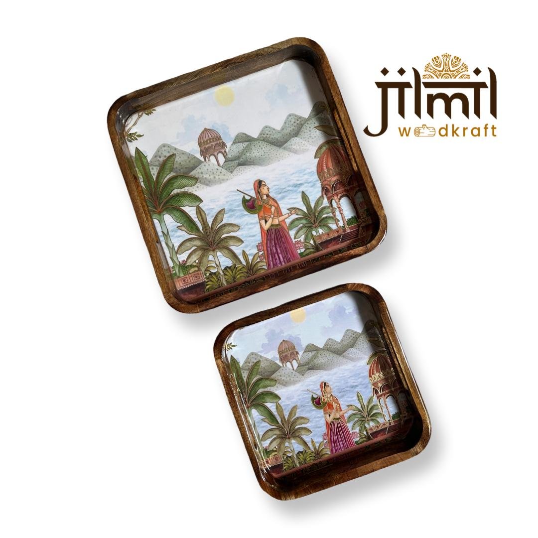 2 Pc Tray Set Bend Square Design 12