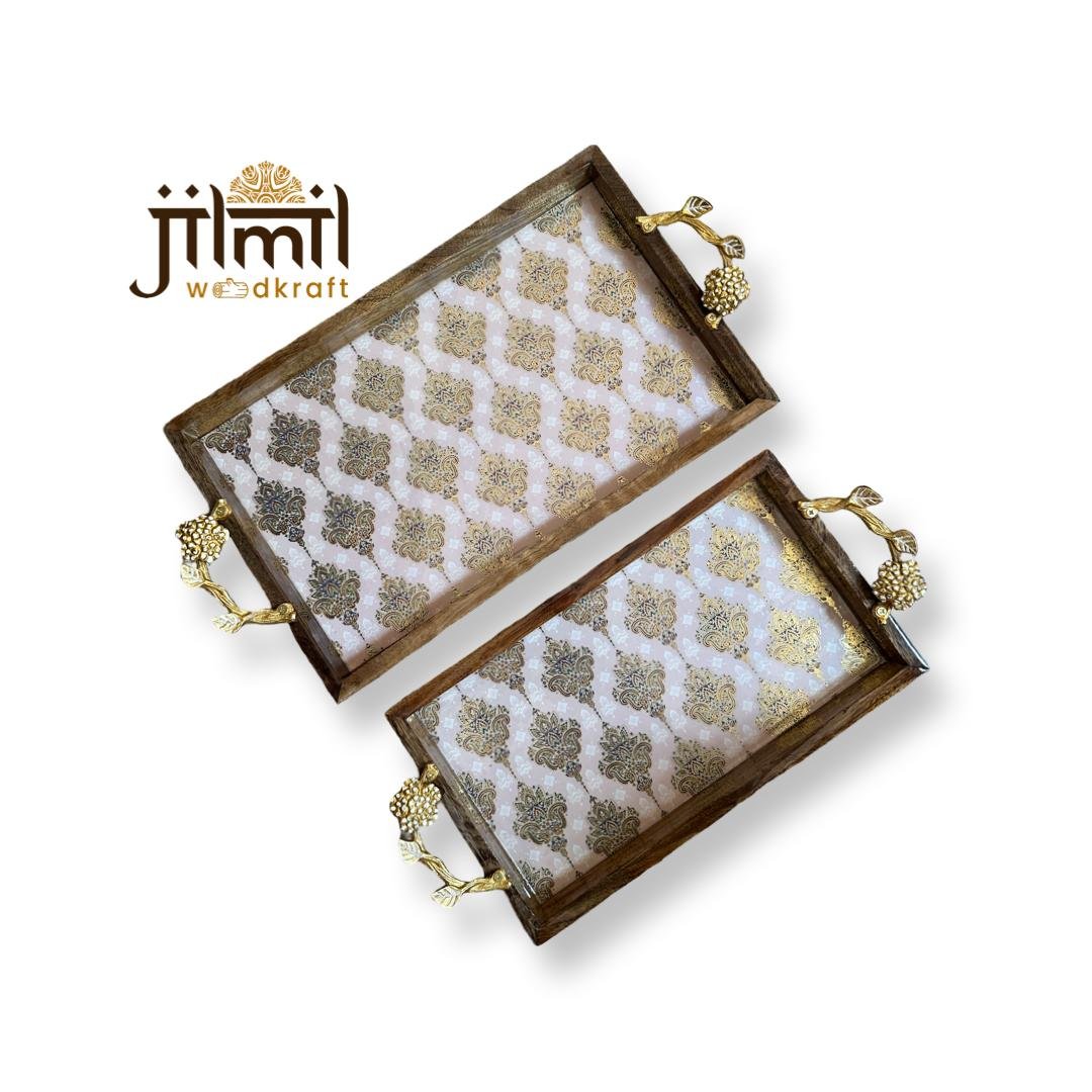 2 Pc Tray Set Bend Rectangle with Golden Handle - Design 13