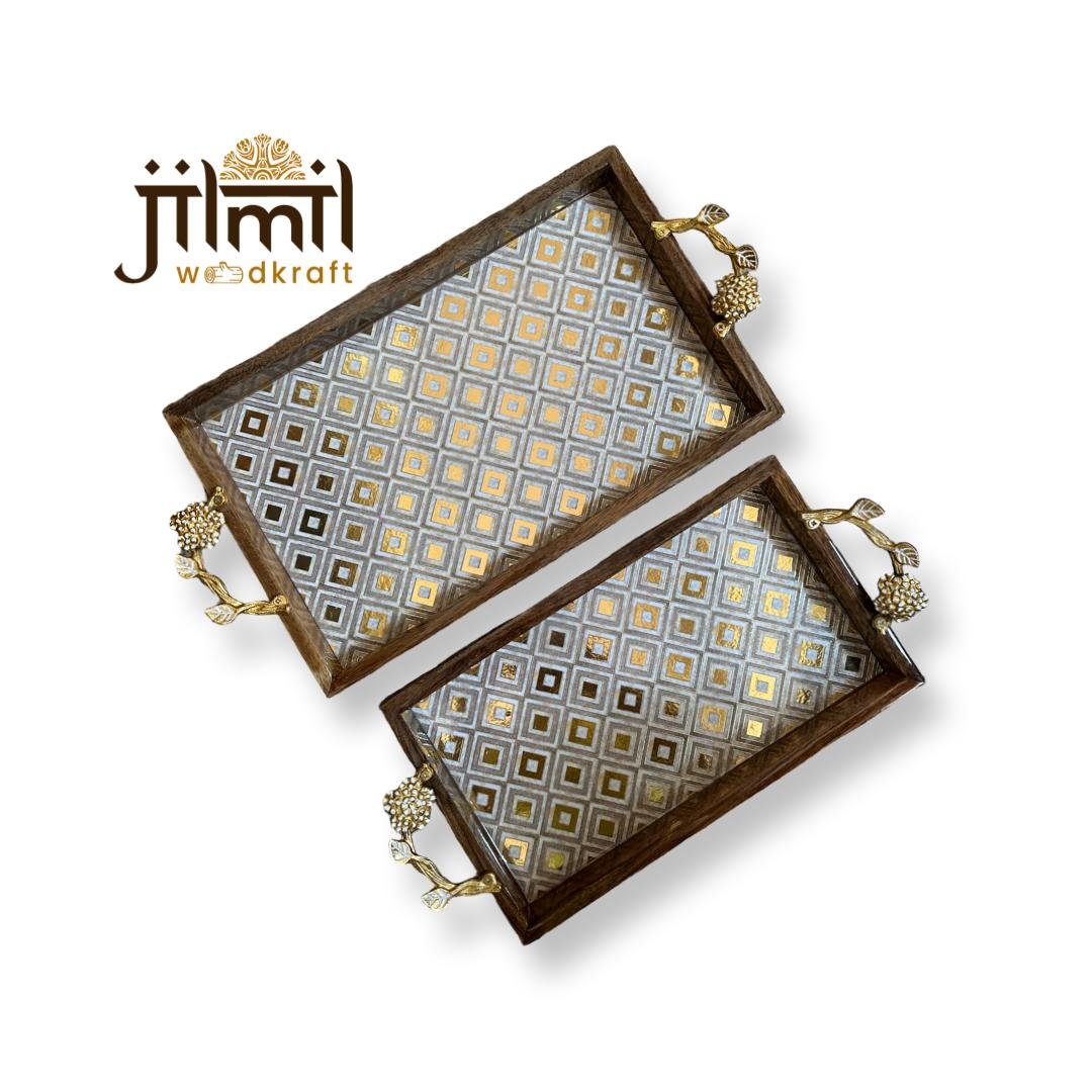 2 Pc Tray Set Bend Rectangle with Golden Handle - Design 14