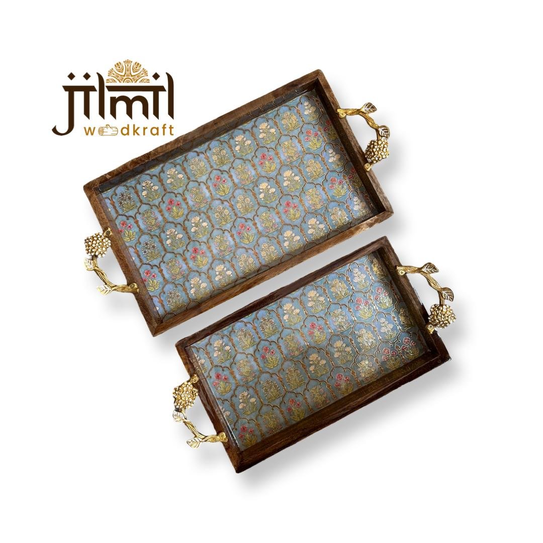 2 Pc Tray Set Bend Rectangle with Golden Handle - Design 15