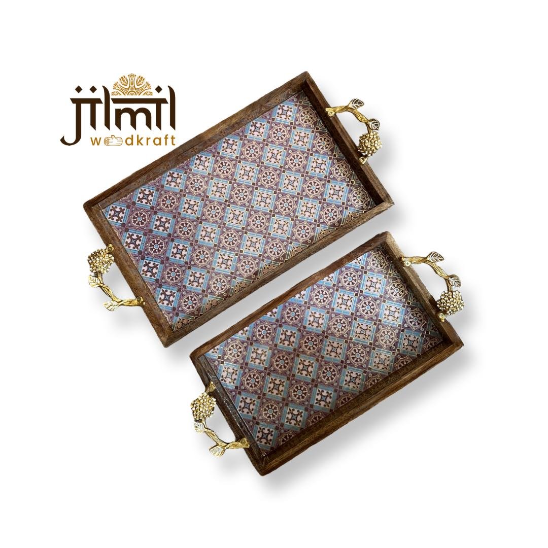 2 Pc Tray Set Bend Rectangle with Golden Handle - Design 16