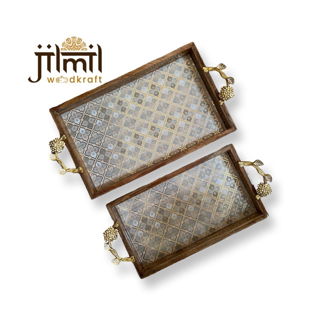 2 Pc Tray Set Bend Rectangle with Golden Handle - Design 17