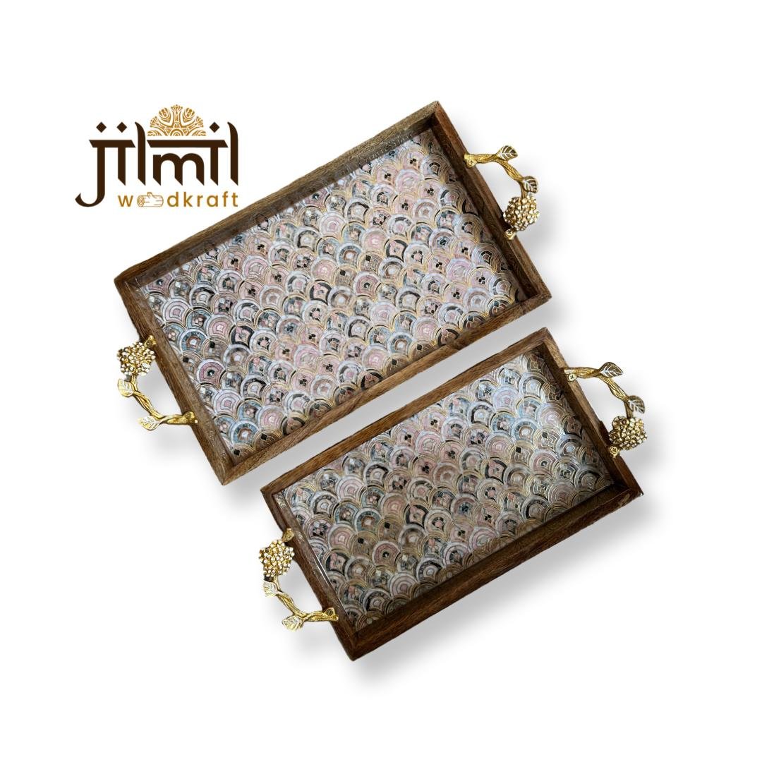 2 Pc Tray Set Bend Rectangle with Golden Handle - Design 18