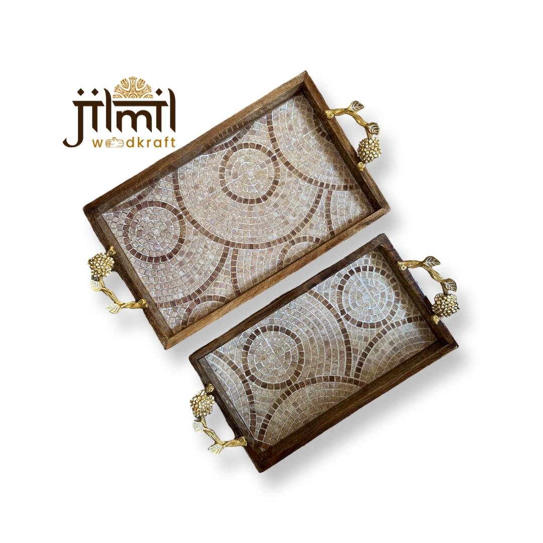 2 Pc Tray Set Bend Rectangle with Golden Handle - Design 19