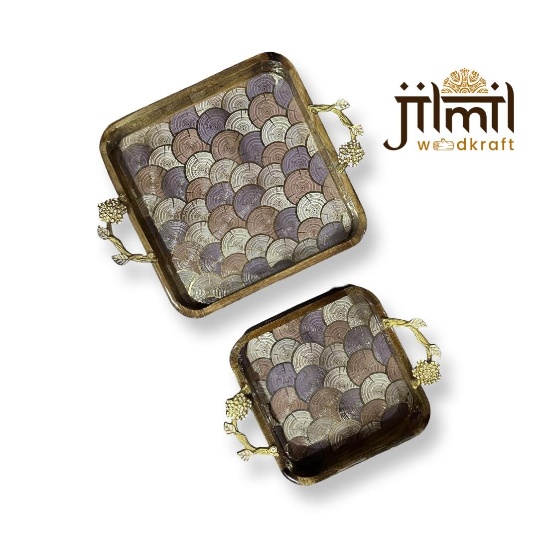 2 Pc Tray Set Bend Square with Golden Handle - Design 02