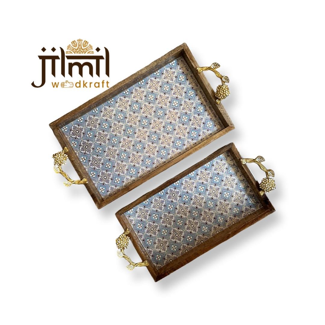 2 Pc Tray Set Bend Rectangle with Golden Handle - Design 02