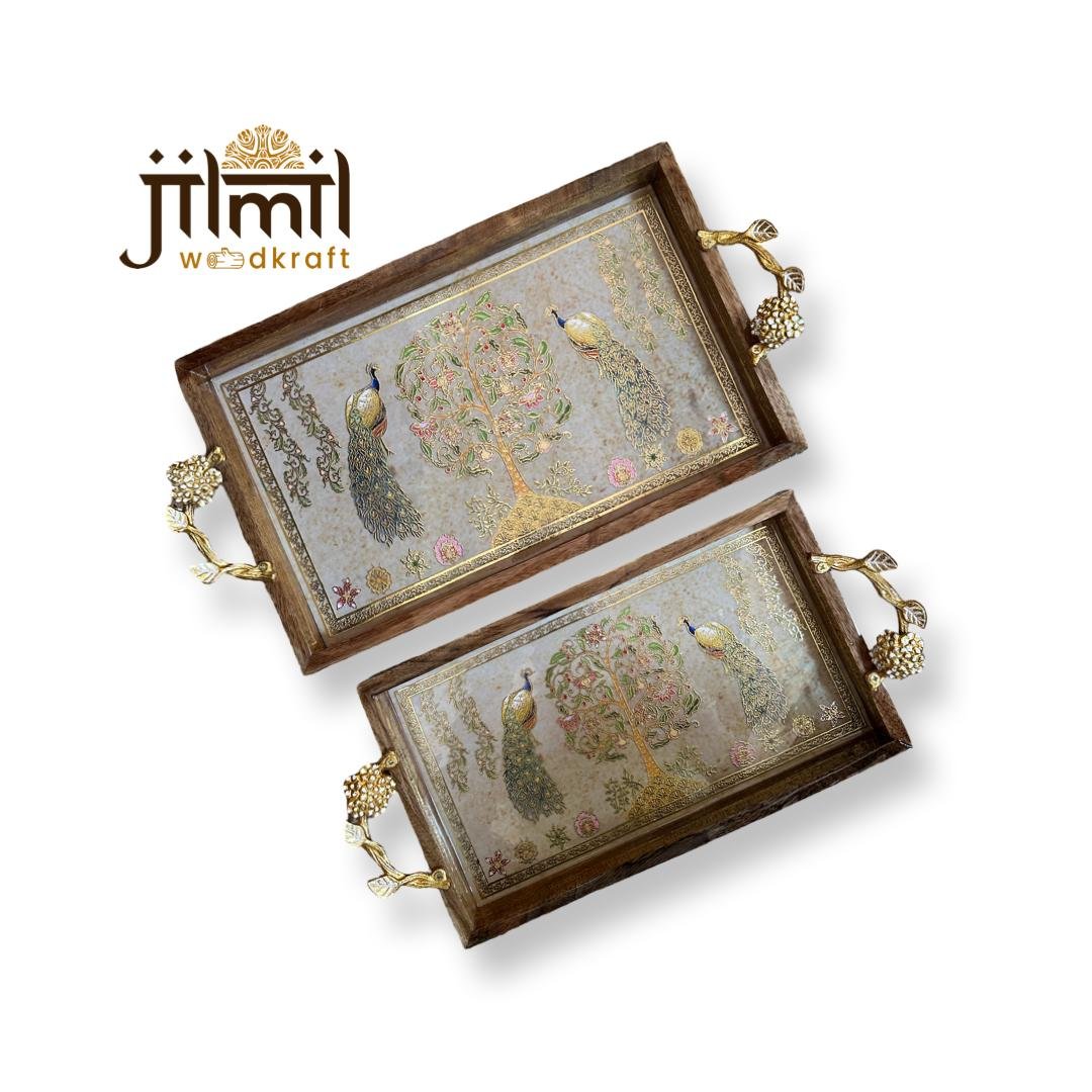 2 Pc Tray Set Bend Rectangle with Golden Handle - Design 20