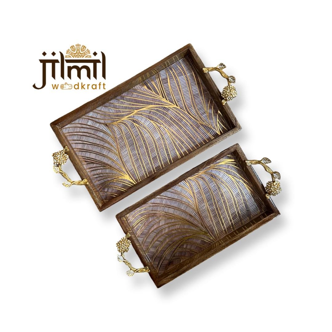 2 Pc Tray Set Bend Rectangle with Golden Handle - Design 21