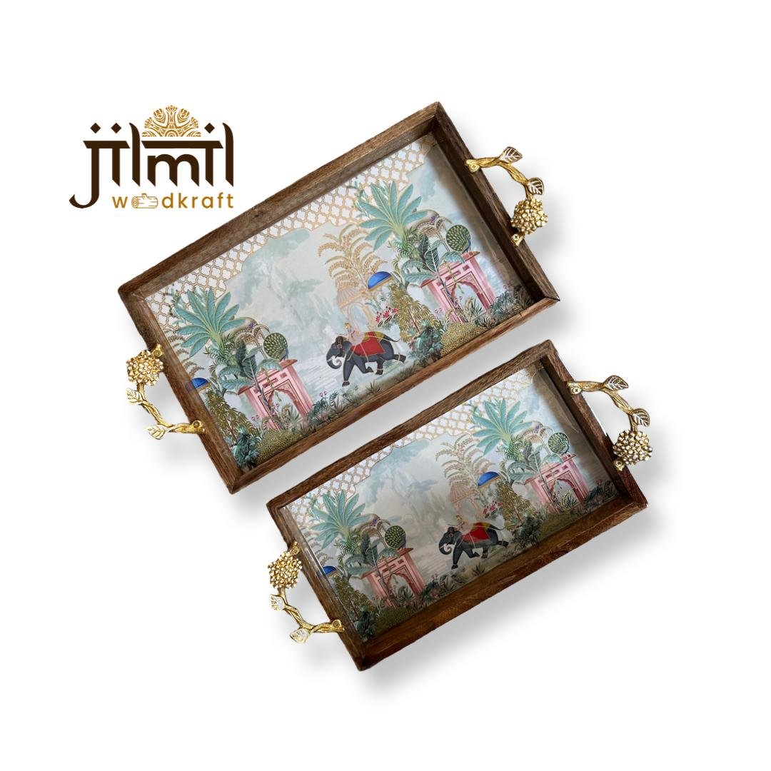 2 Pc Tray Set Bend Rectangle with Golden Handle - Design 22