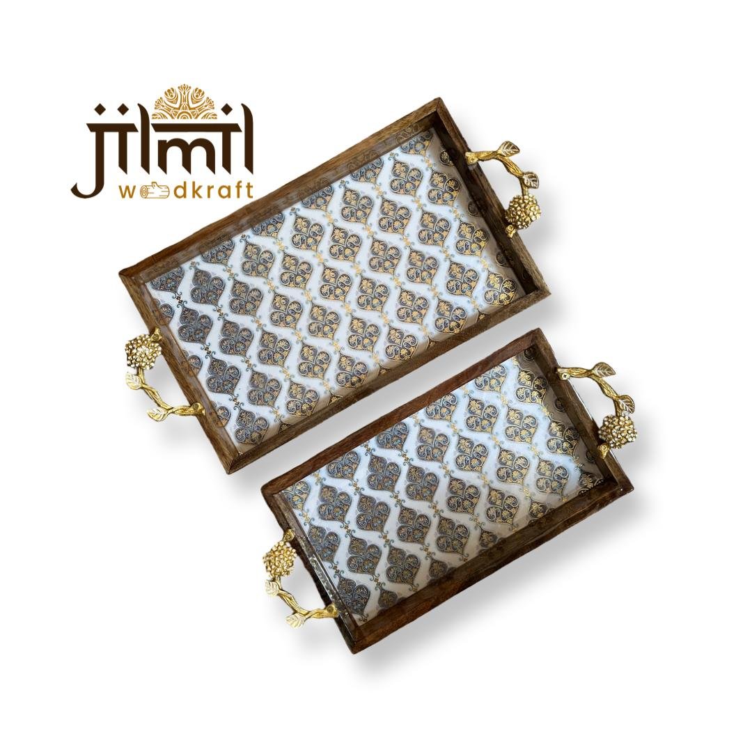 2 Pc Tray Set Bend Rectangle with Golden Handle - Design 23