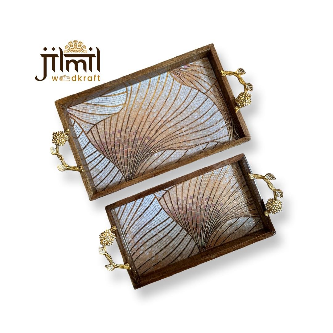 2 Pc Tray Set Bend Rectangle with Golden Handle - Design 24
