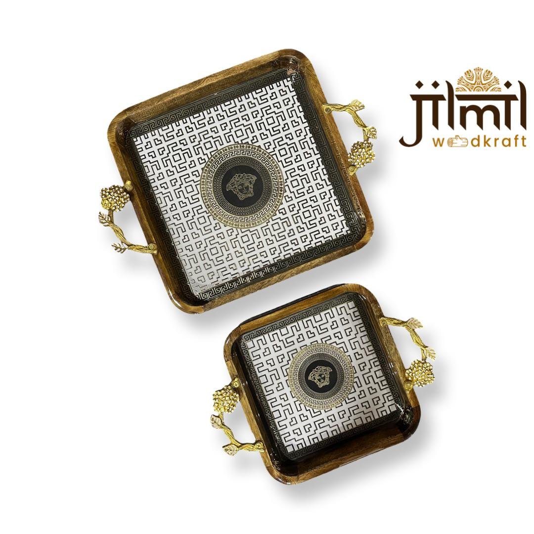 2 Pc Tray Set Bend Square with Golden Handle - Design 03