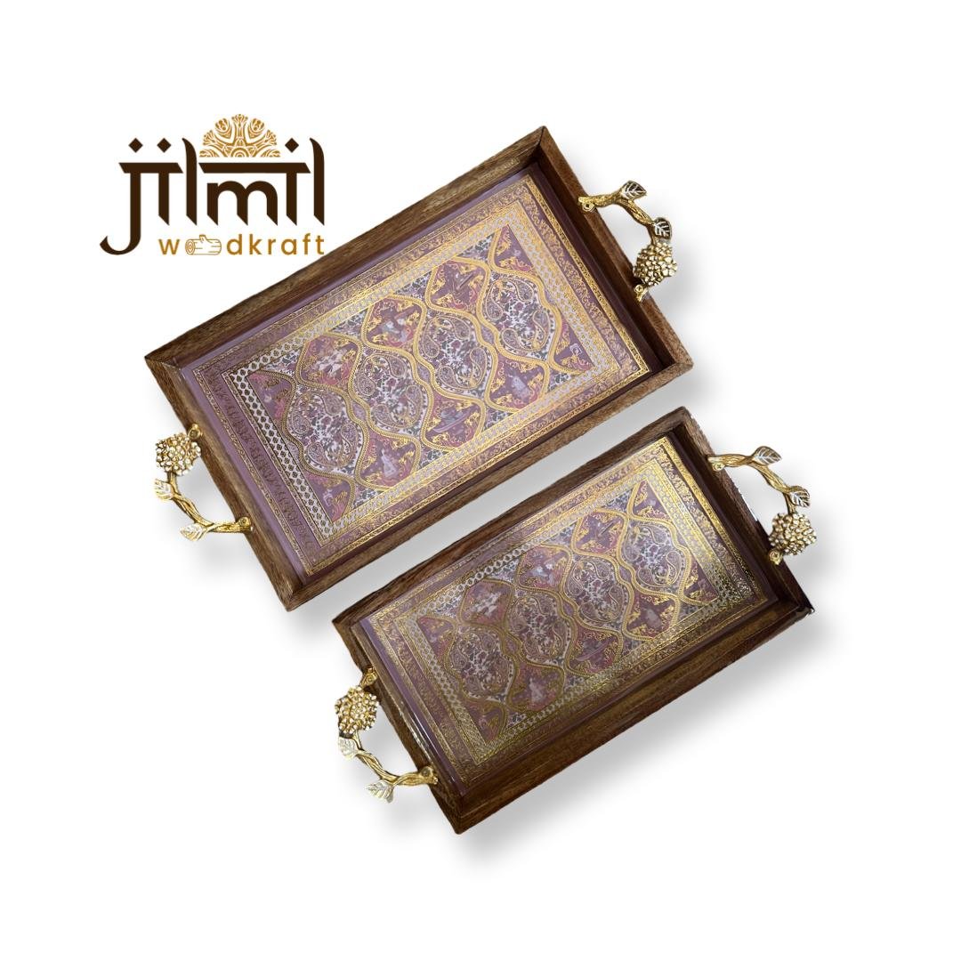 2 Pc Tray Set Bend Rectangle with Golden Handle - Design 03
