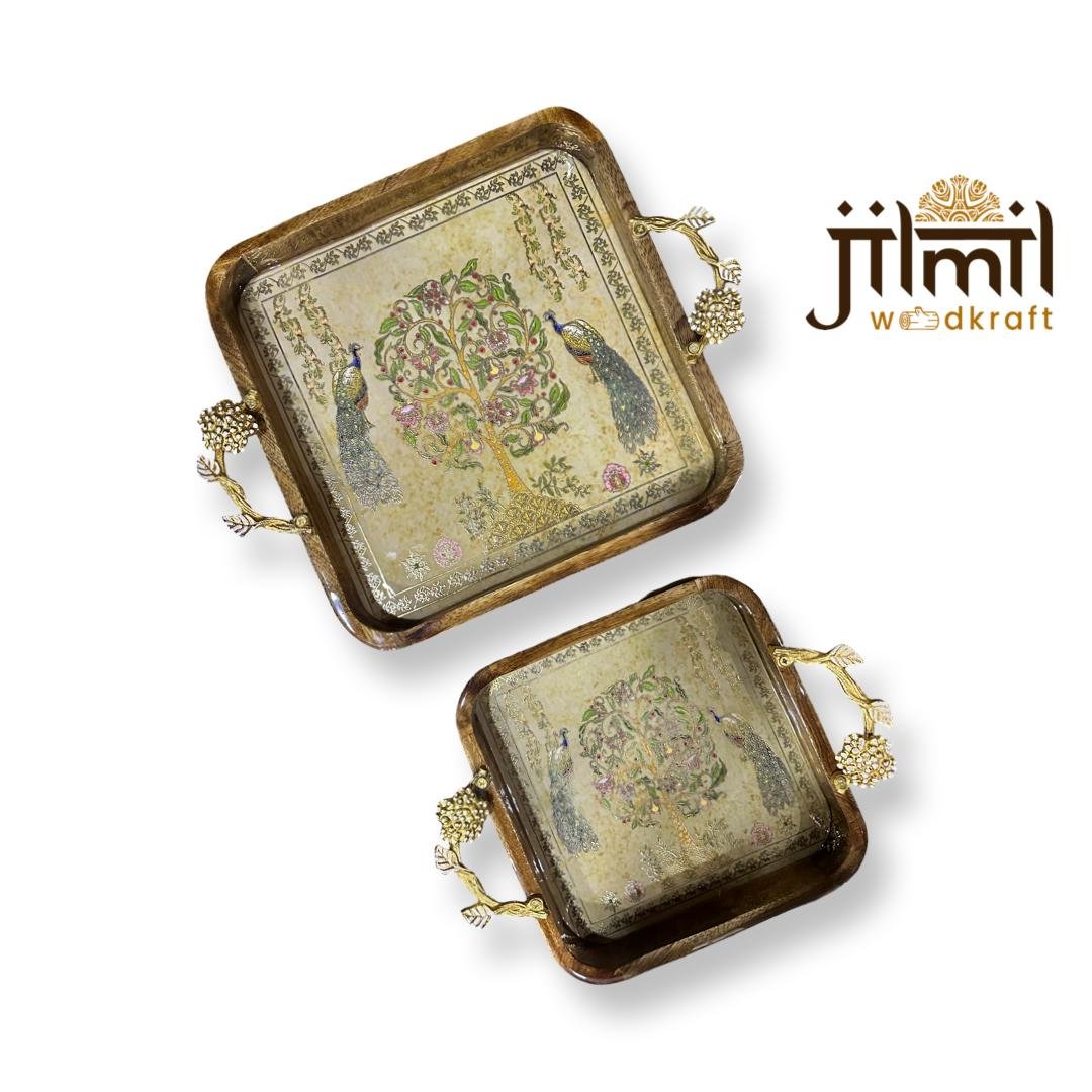 2 Pc Tray Set Bend Square with Golden Handle - Design 04