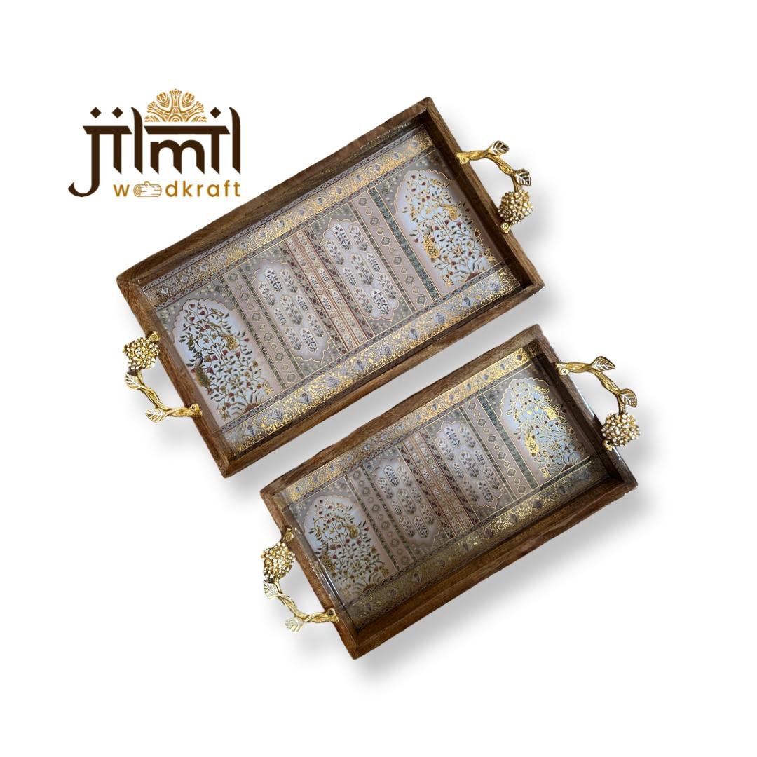 2 Pc Tray Set Bend Rectangle with Golden Handle - Design 04