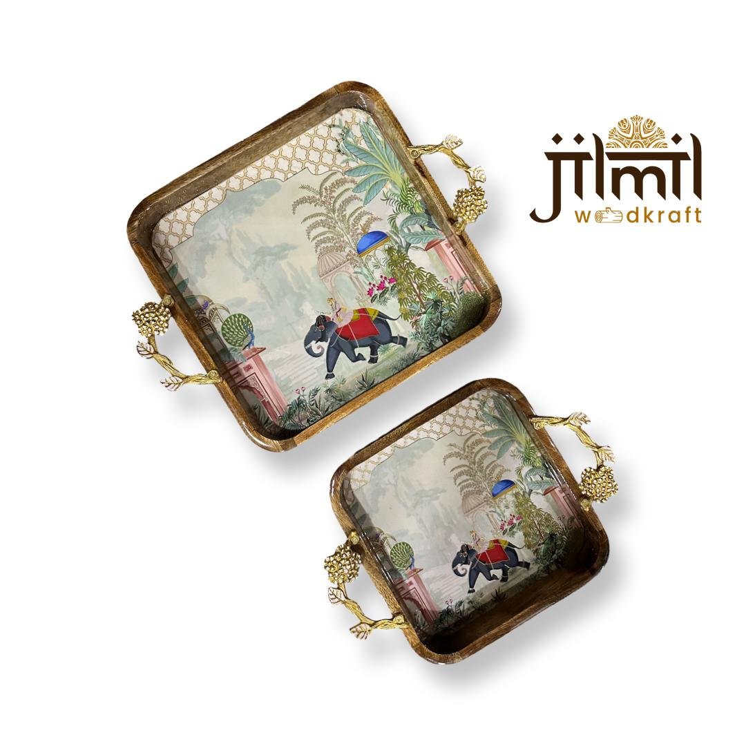 2 Pc Tray Set Bend Square with Golden Handle - Design 05