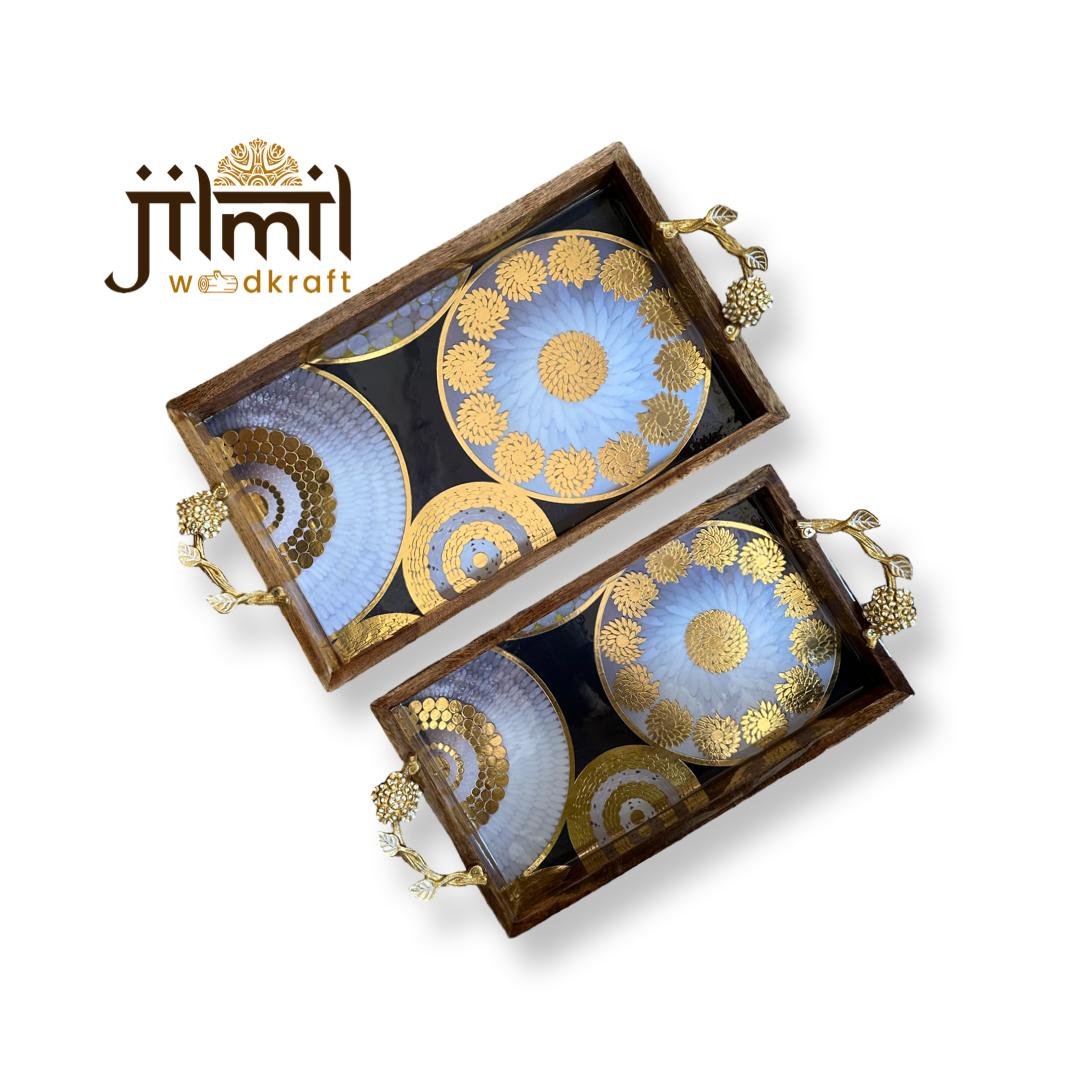 2 Pc Tray Set Bend Rectangle with Golden Handle - Design 05