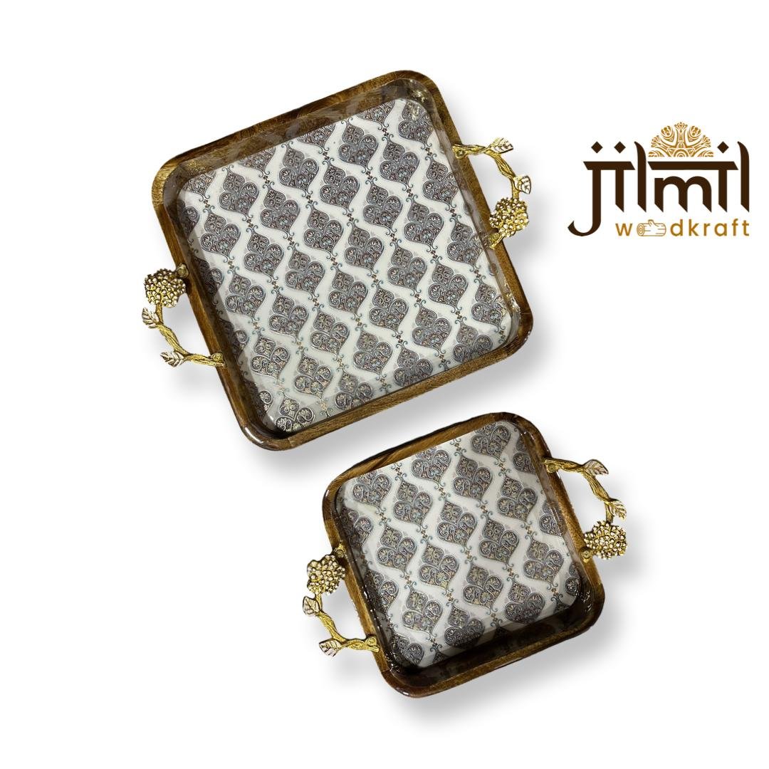 2 Pc Tray Set Bend Square with Golden Handle - Design 06