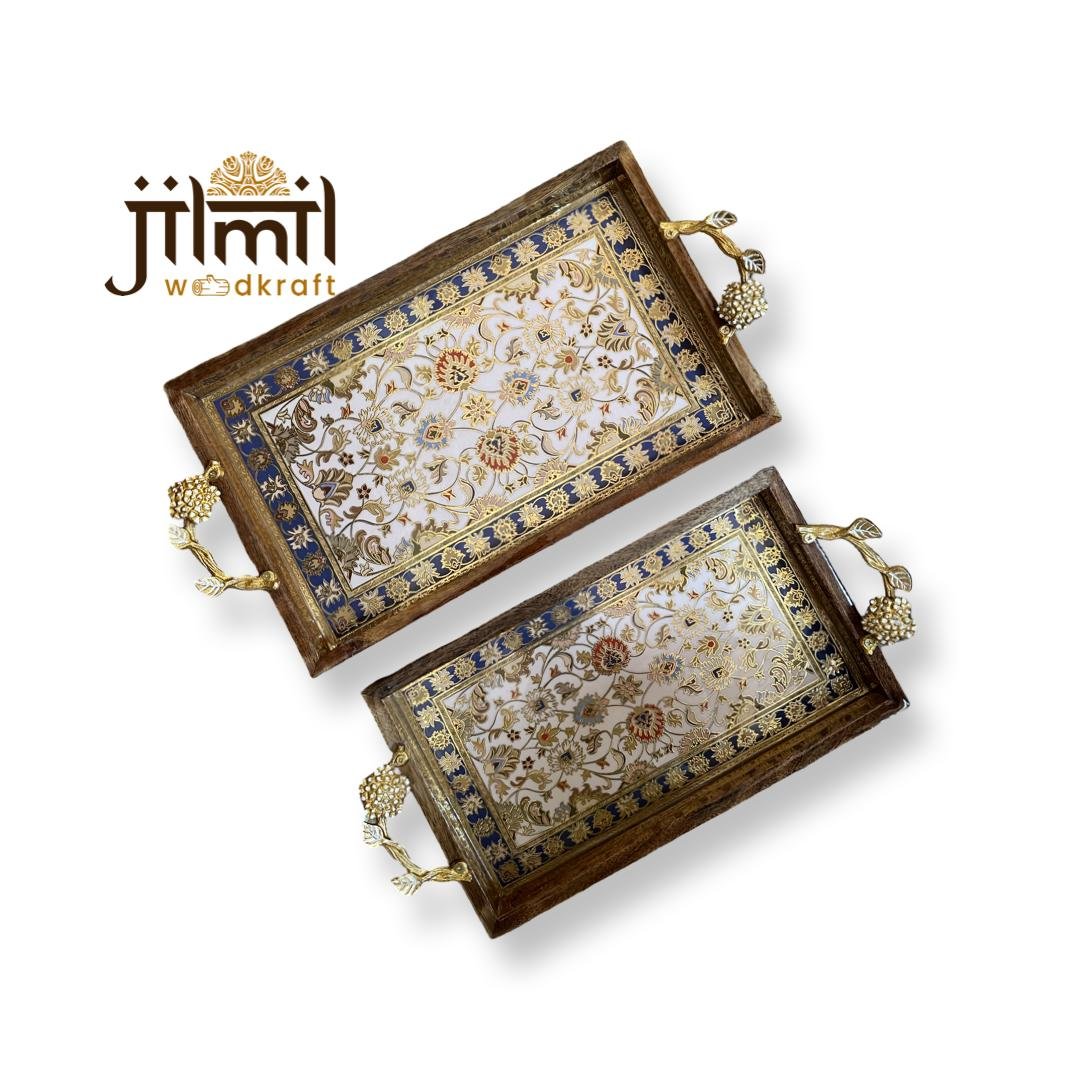 2 Pc Tray Set Bend Rectangle with Golden Handle - Design 06