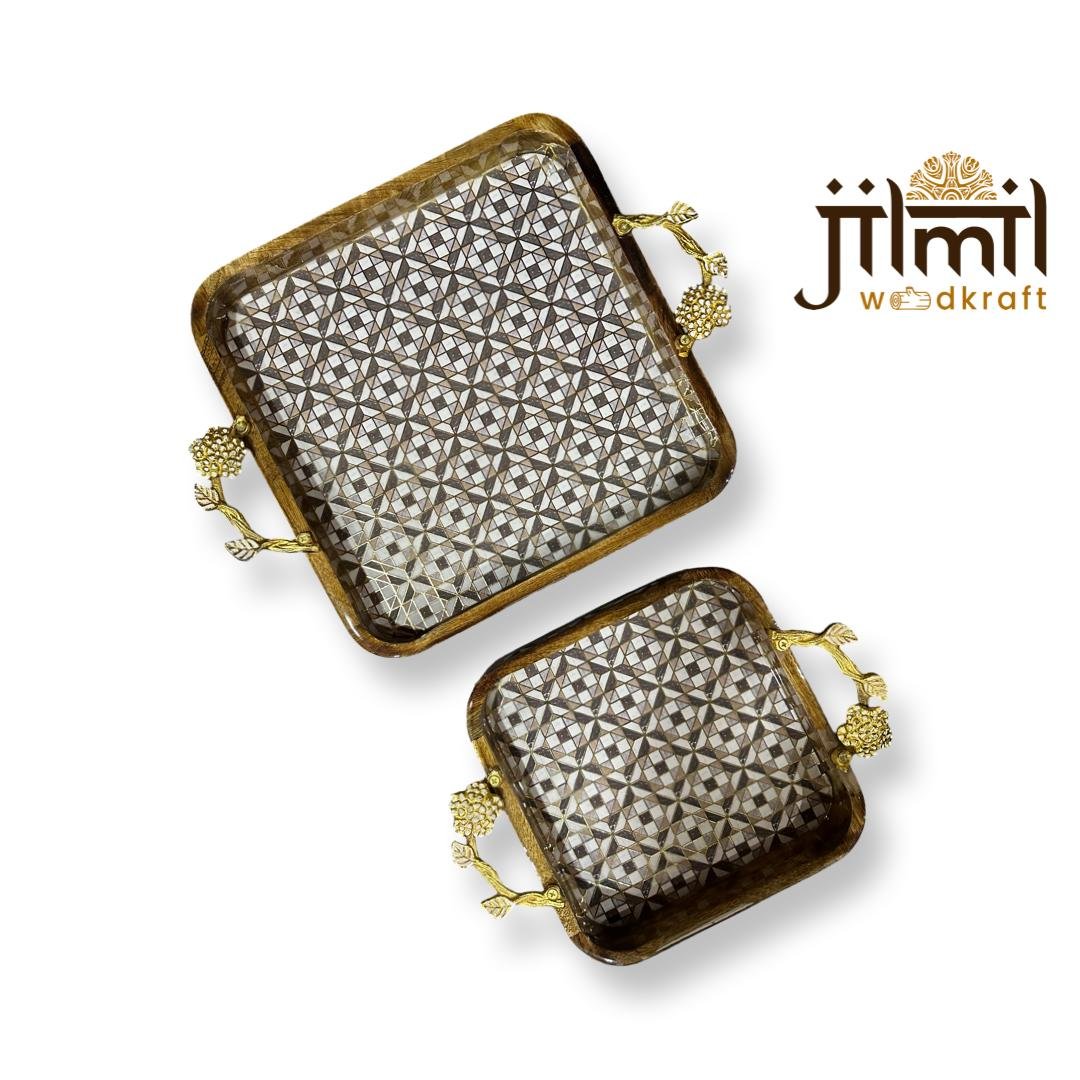 2 Pc Tray Set Bend Square with Golden Handle - Design 07