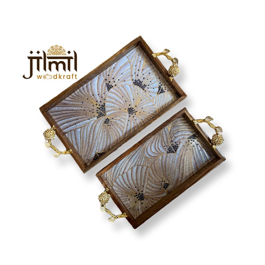 2 Pc Tray Set Bend Rectangle with Golden Handle - Design 07