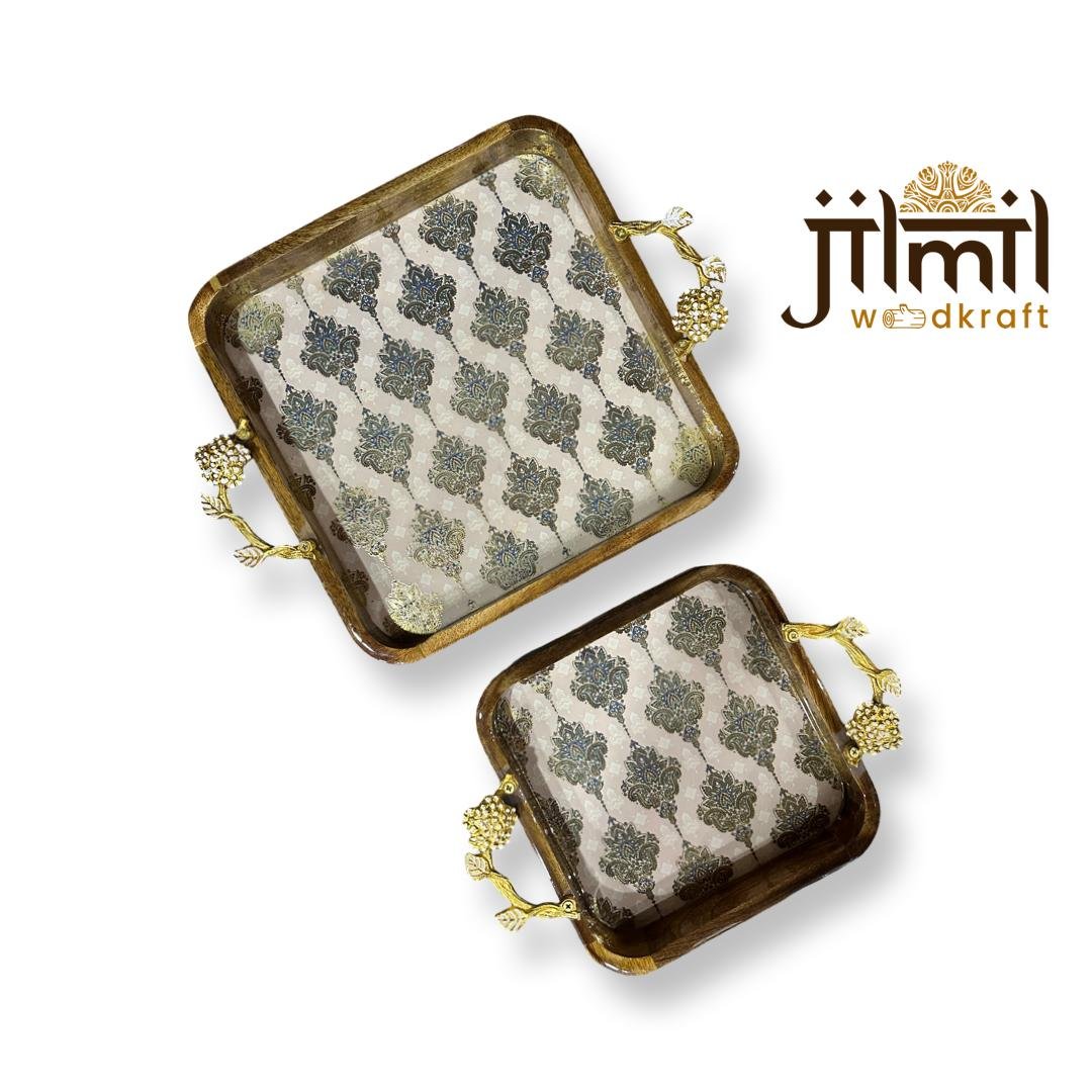 2 Pc Tray Set Bend Square with Golden Handle - Design 08