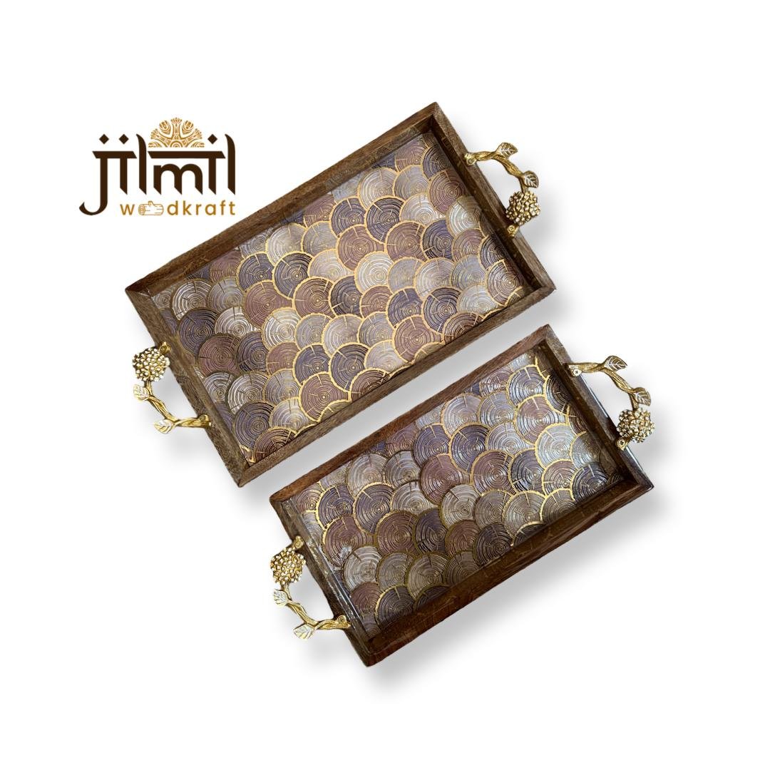 2 Pc Tray Set Bend Rectangle with Golden Handle - Design 08