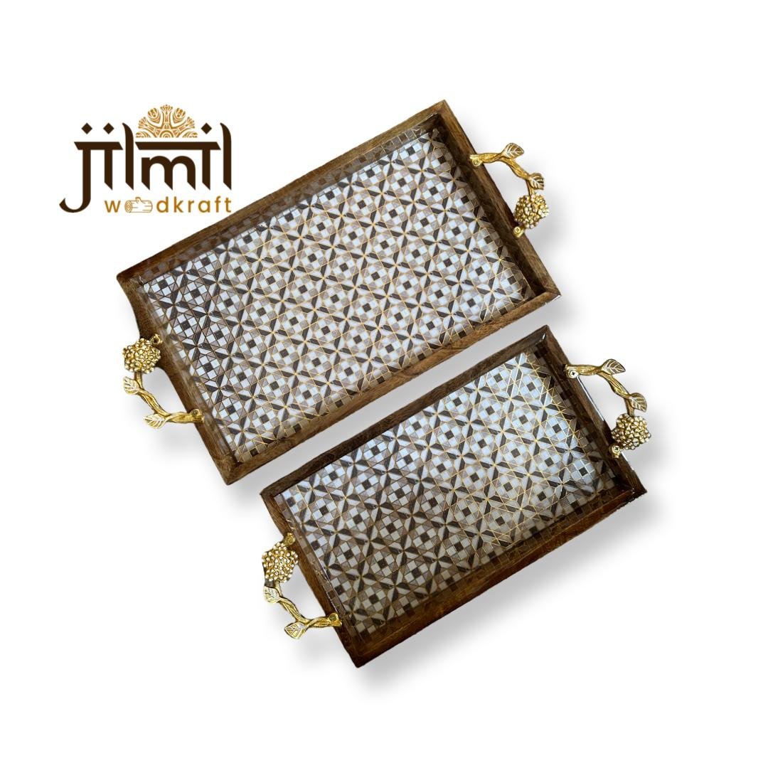 2 Pc Tray Set Bend Rectangle with Golden Handle - Design 09