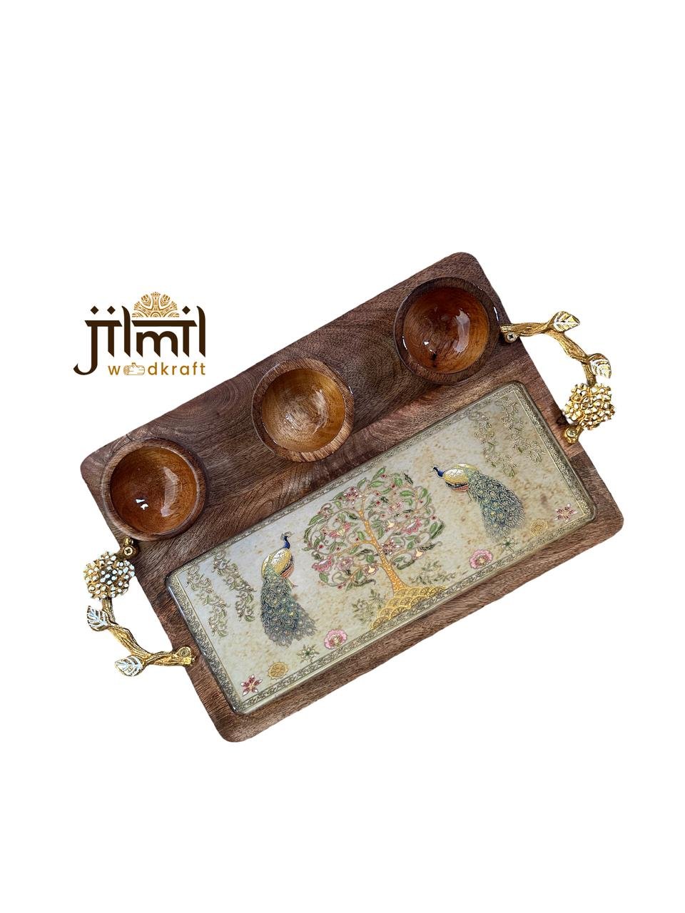 3 Bowl Rectangle Platters with Golden Handle
