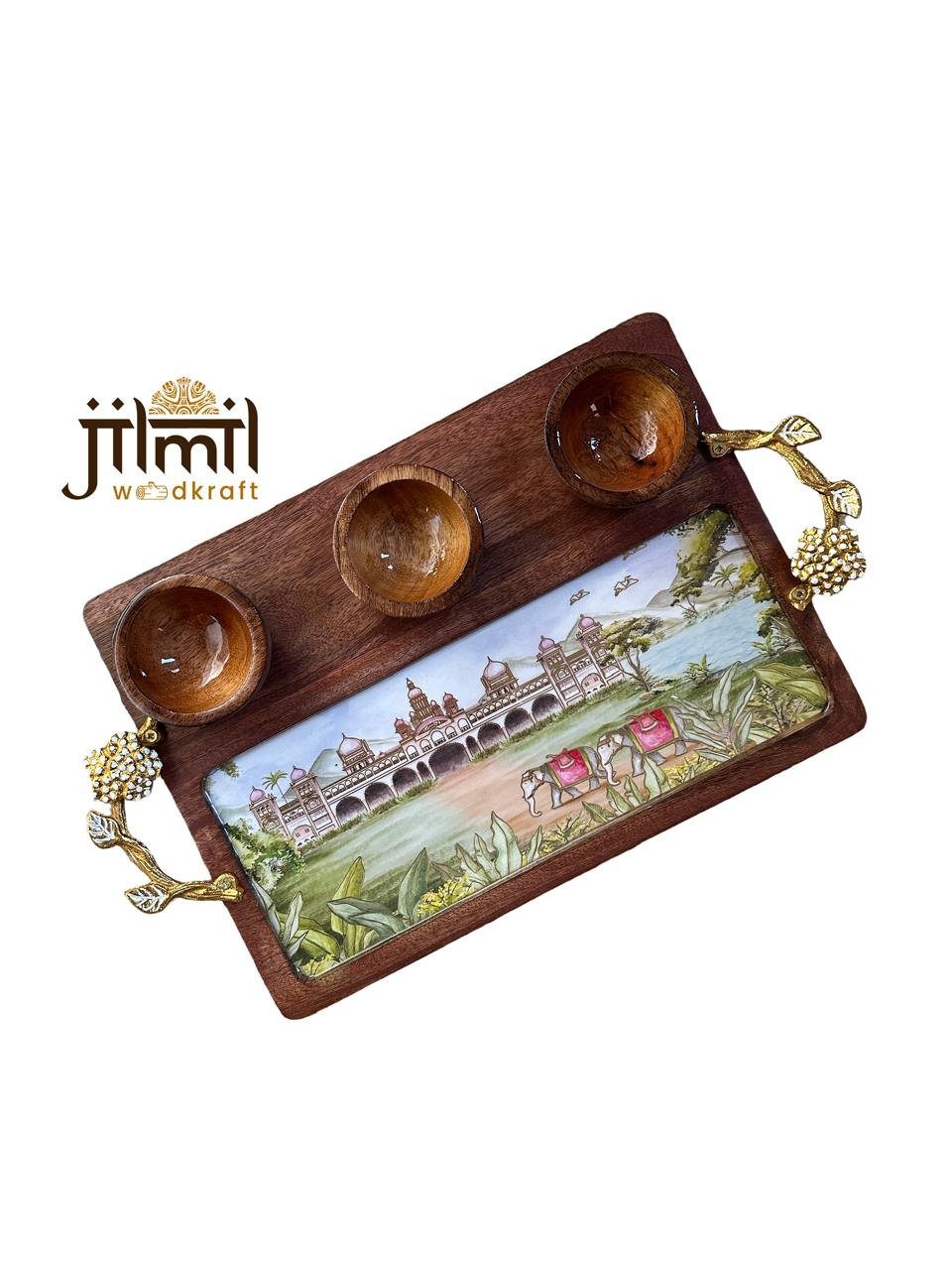 3 Bowl Rectangle Platter with Golden Handle Style 03