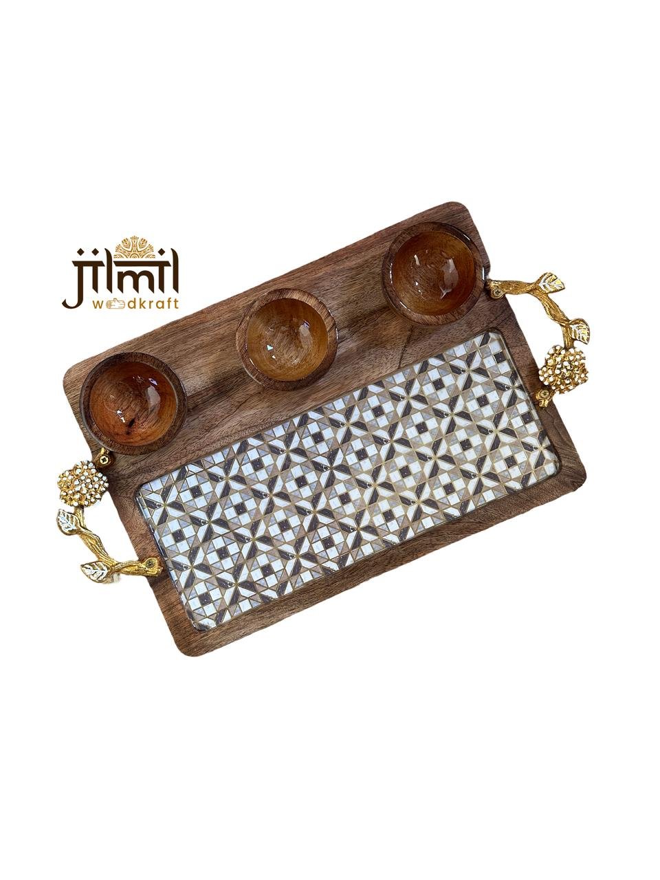 3 Bowl Rectangle Platter with Golden Handle Style 06