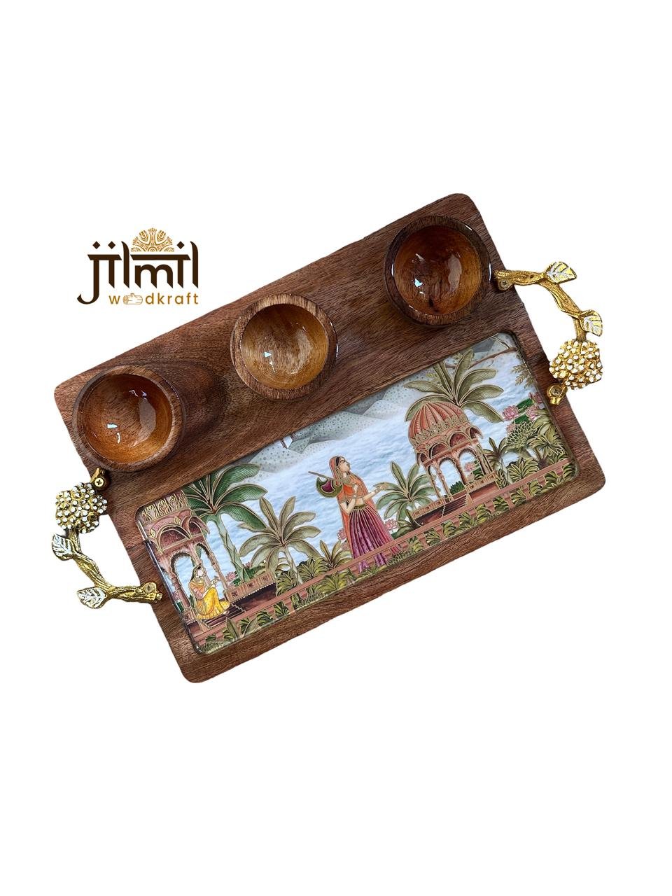 3 Bowl Rectangle Platter with Golden Handle Style 09