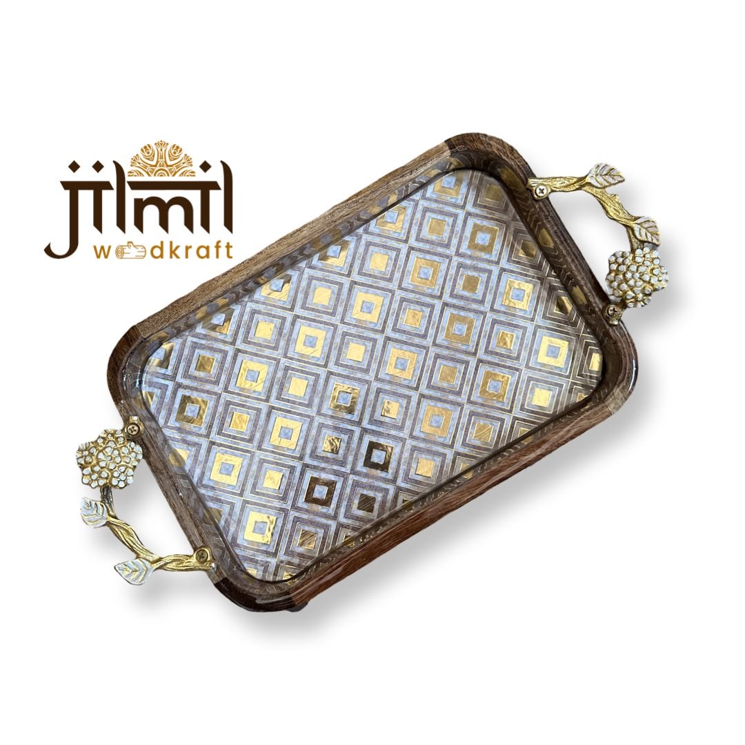 Mango-wood Tray 8x12 with stylish golden handle