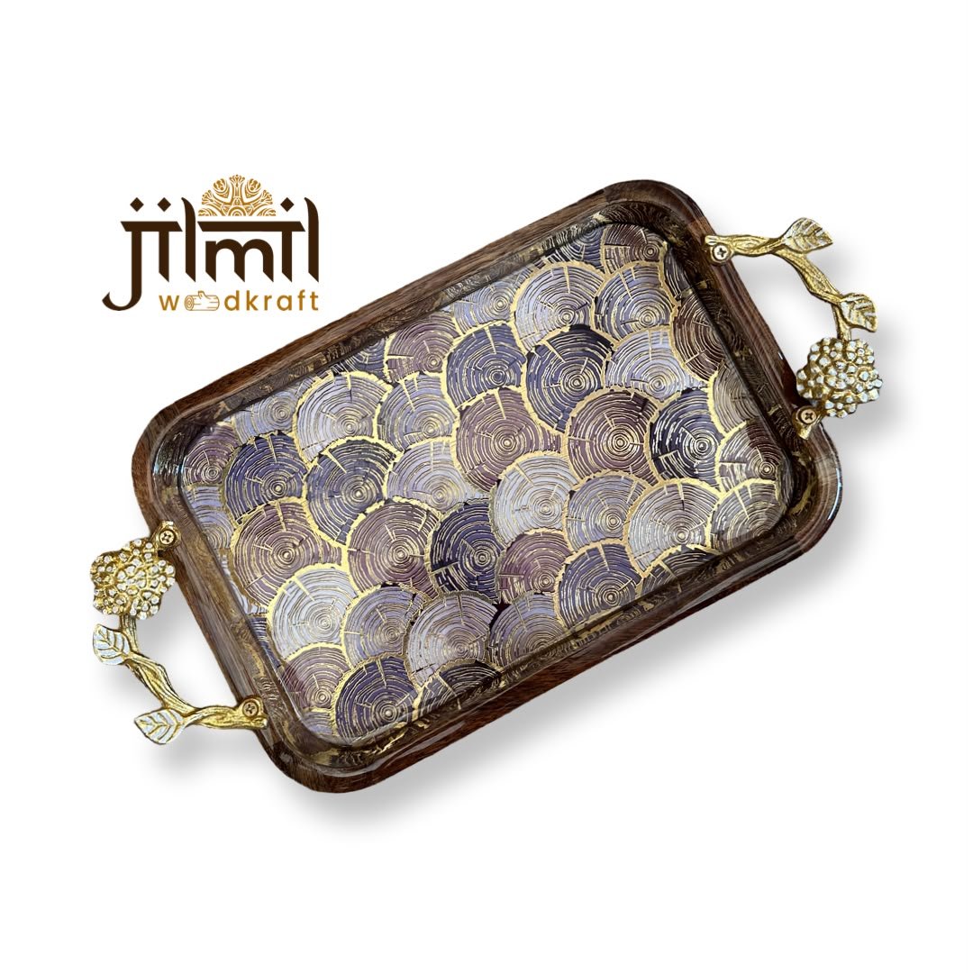 Mango-wood Tray 8x12 with Golden Handle - Design 10