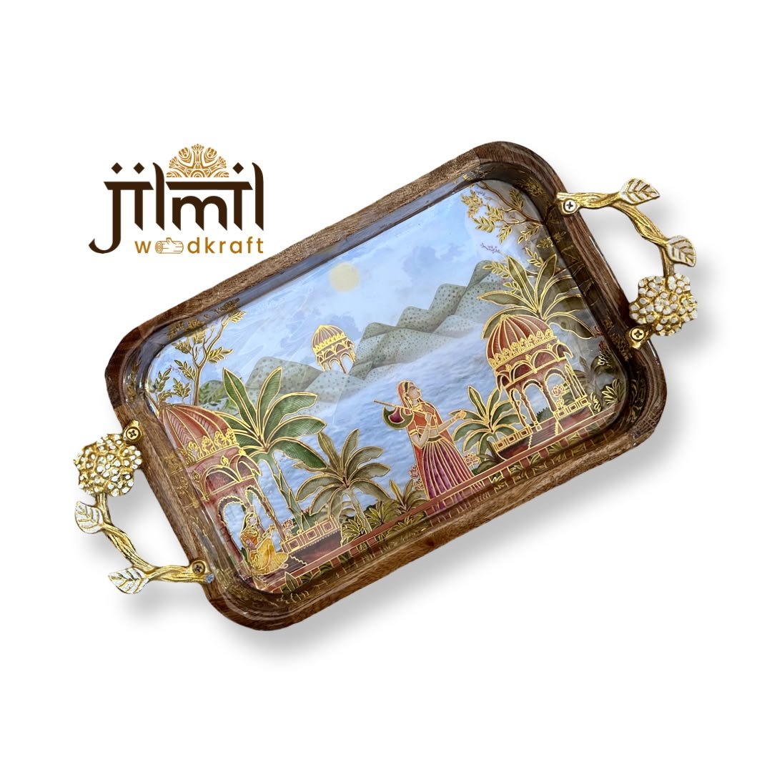 Mango-wood Tray 8x12 with Golden Handle - Design 11