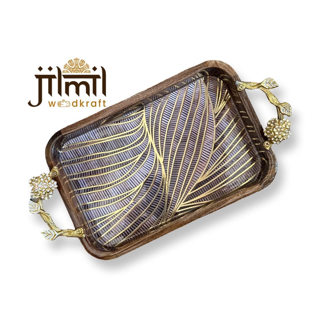 Mango-wood Tray 8x12 with Golden Handle - Design 12