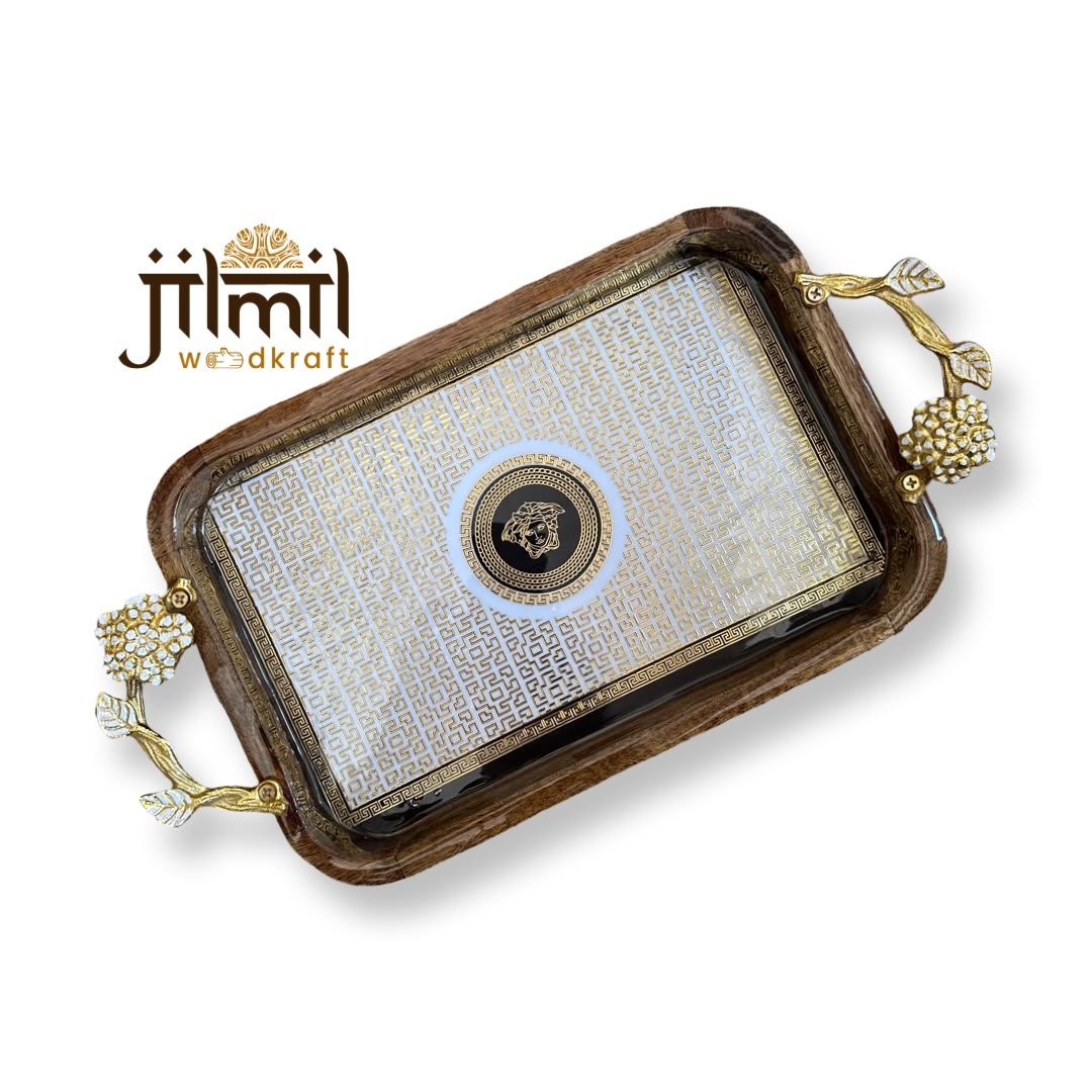 Mango-wood Tray 8x12 with Golden Handle - Design 13