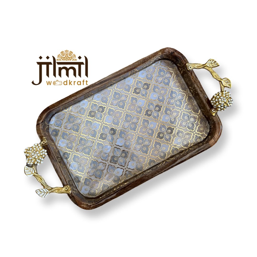Mango-wood Tray 8x12 with Golden Handle - Design 14