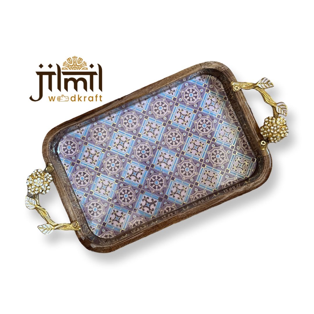 Mango-wood Tray 8x12 with Golden Handle - Design 15