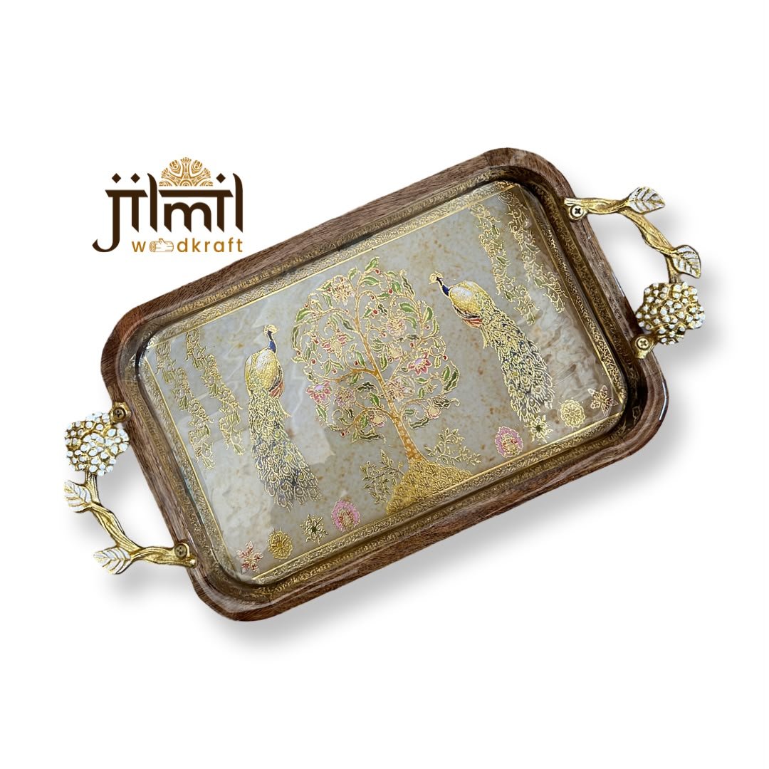 Mango-wood Tray 8x12 with Golden Handle - Design 16