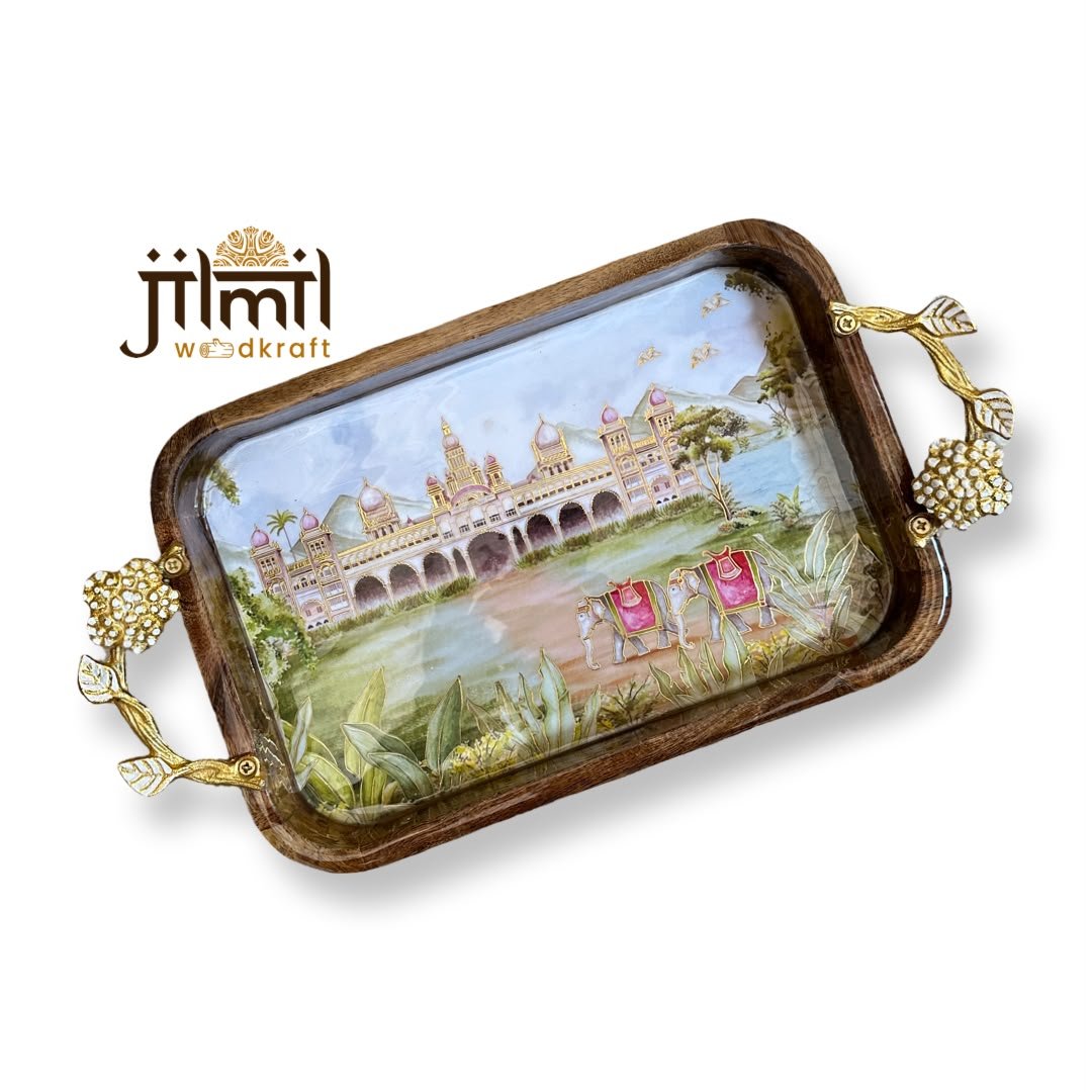 Mango-wood Tray 8x12 with Golden Handle - Design 02