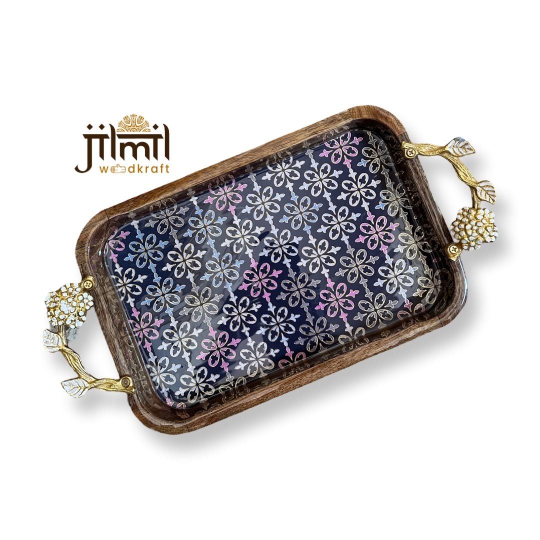 Mango-wood Tray 8x12 with Golden Handle - Design 03